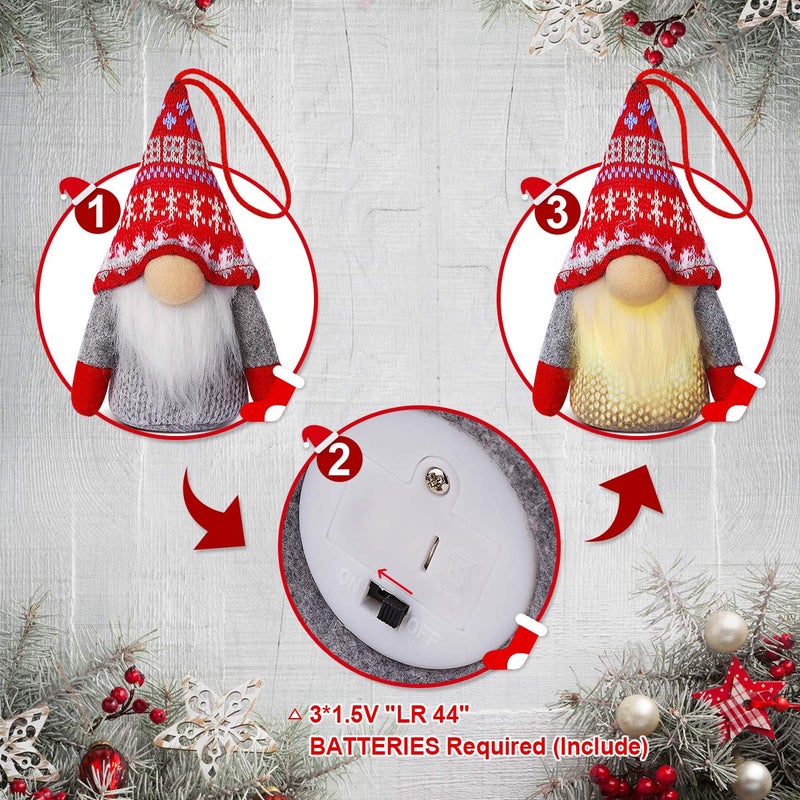 KMUYSL Christmas Gnome Ornaments, 4 Pack Christmas Tree Decorations Handmade Swedish Santa Gnomes Ornaments Lights Scandinavian Plush Elf Table Home Decor, Christmas Tree Hanging Decoration - Image 5